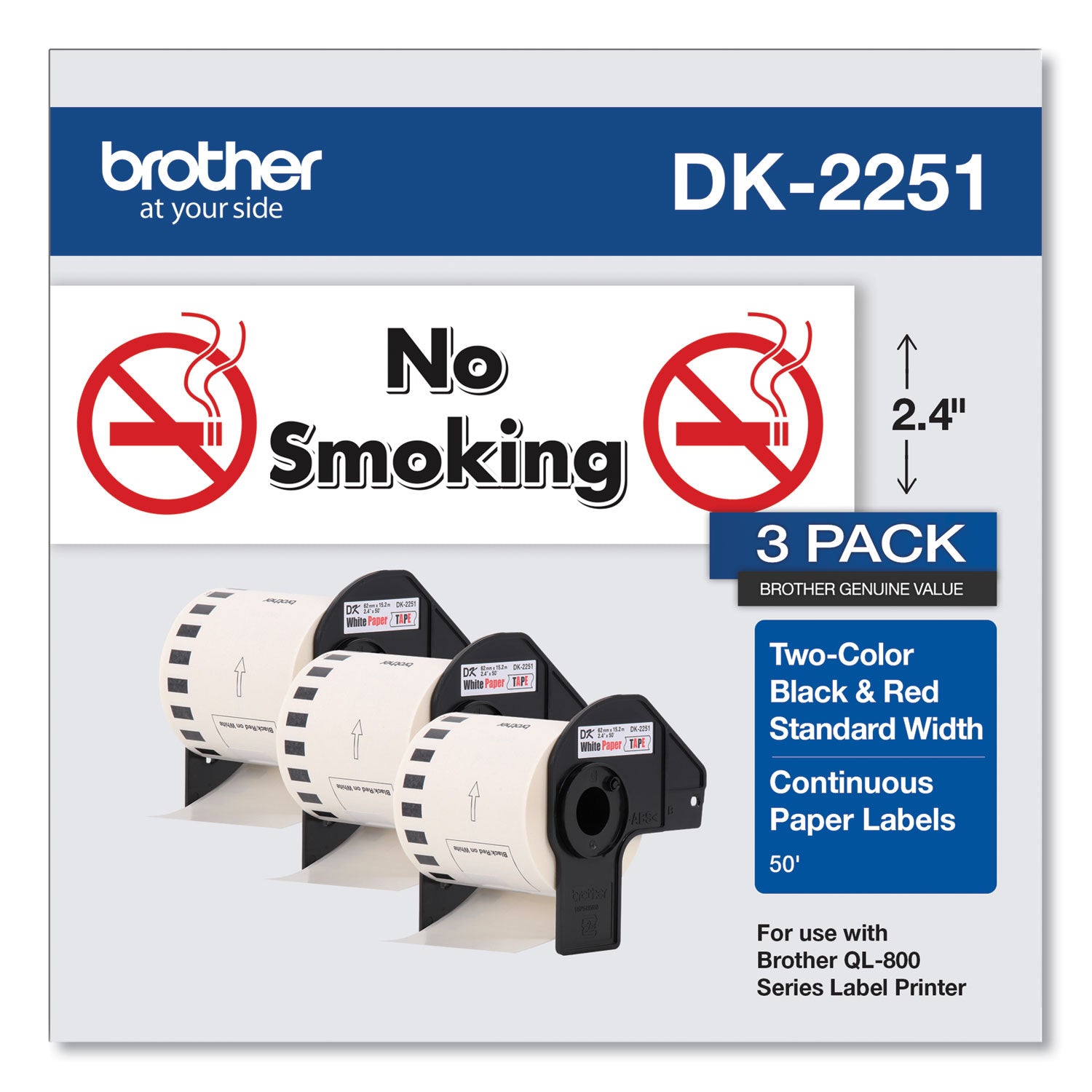 Continuous Paper Label Tape, 2.44" X 50 Ft, White, 3 Rolls/pack