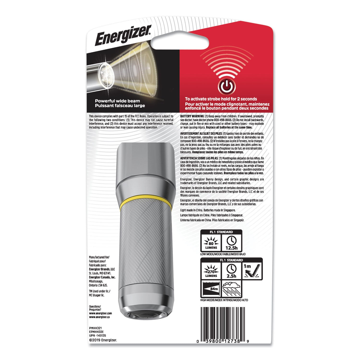Energizer Vision HD Compact Flashlight - LED - 270 lm Lumen - 3 x AA - Battery - Metal - Chrome - 1 Each
