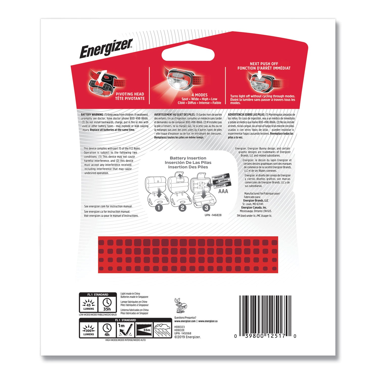 Energizer Vision HD LED Headlamp - LED - 300 lm Lumen - 3 x AAA - Red - 1 Pack