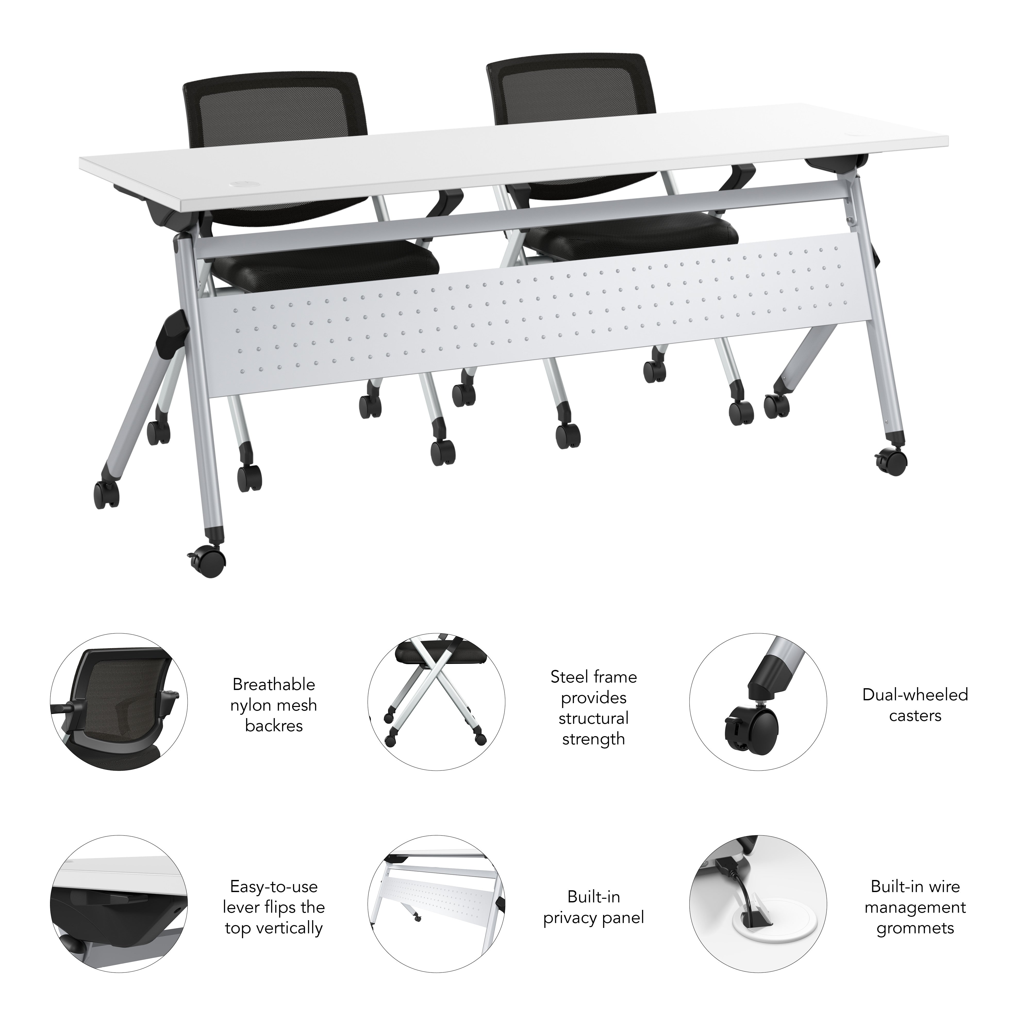 Bush Business Furniture Envision 72W Folding Training Table and 2 Folding Chairs with Arms in White - 71.02" Width x 23.54" Depth x 32.87" Height