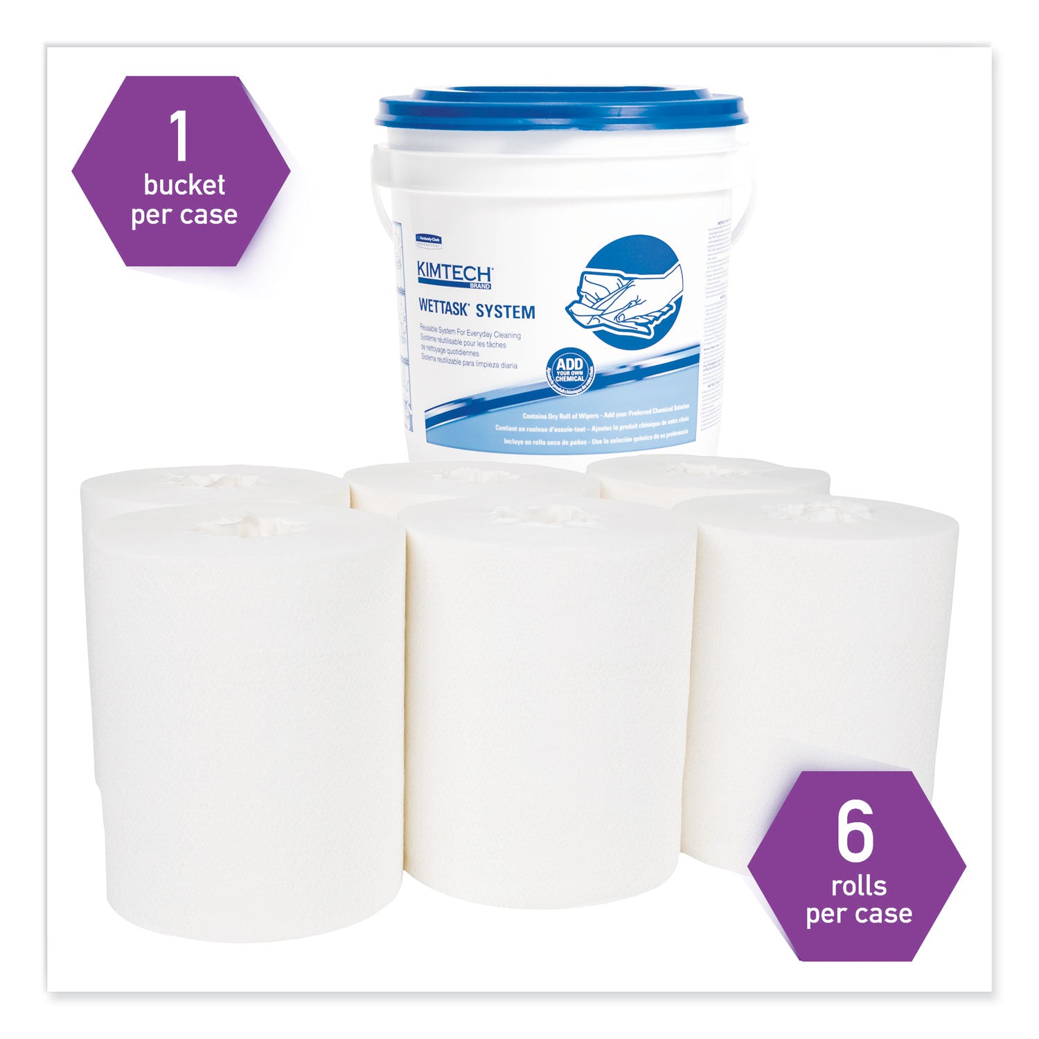 Power Clean Wipers for Disinfectants, Sanitizers,Solvents WetTask Customizable Wet Wipe System, 140/Roll, 6 Rolls/1 Bucket/CT