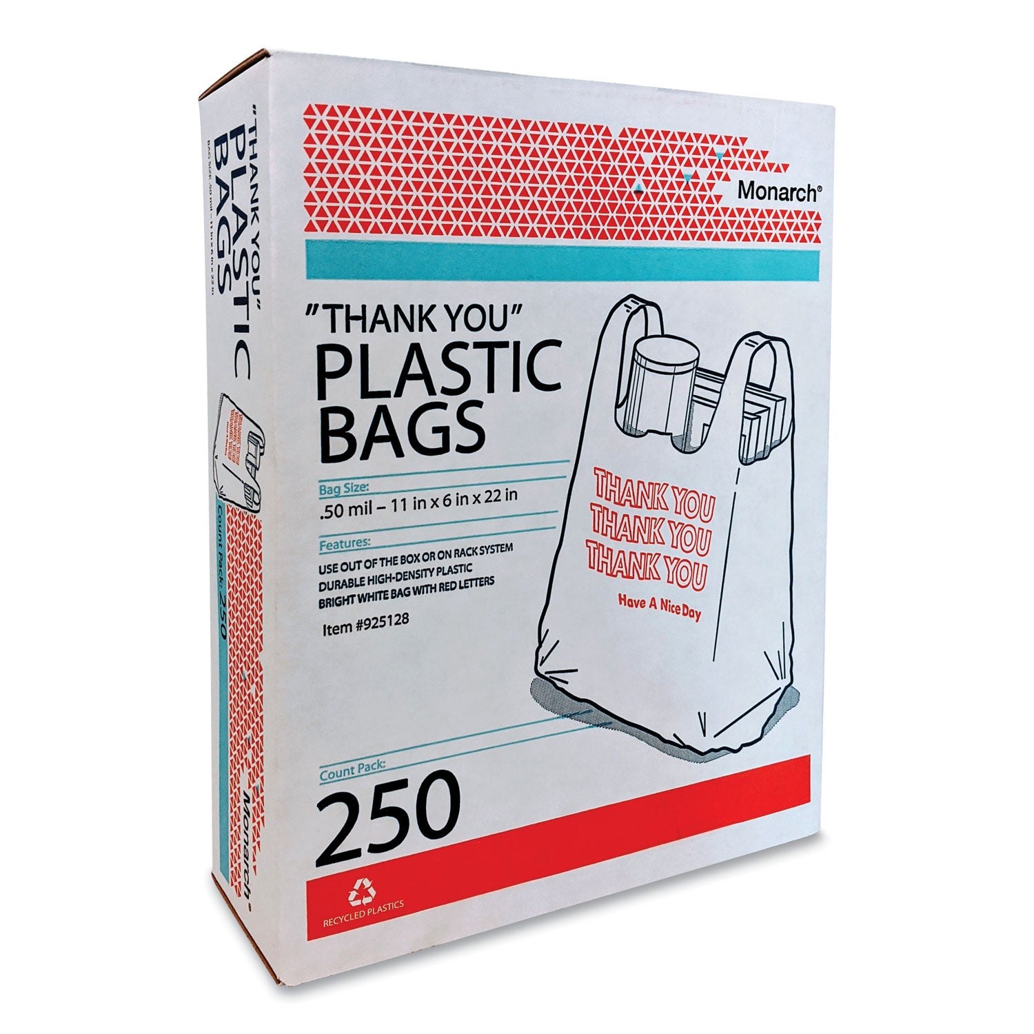Plastic "Thank You - Have a Nice Day" Shopping Bags, Cut-Out Handles, 11.5" x 6.5" x 22", White/Red, 250/Box