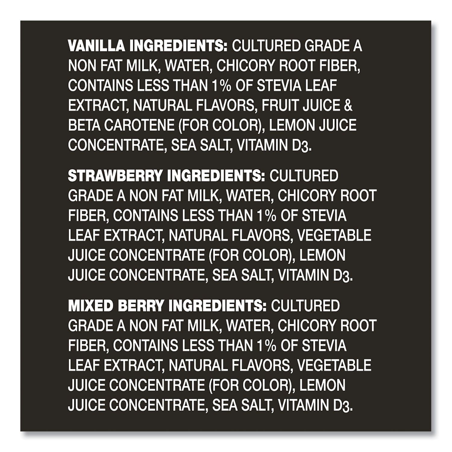 Triple Zero Blended Greek Nonfat Yogurt, 5.3 oz, Strawberry/Mixed Berry/Vanilla, 18/Carton