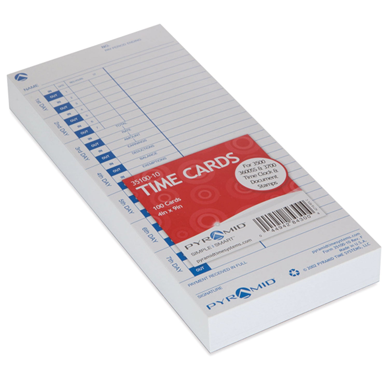 Time Clock Cards For Pyramid Technologies 3000, One Side, 4 X 9, 100/pack