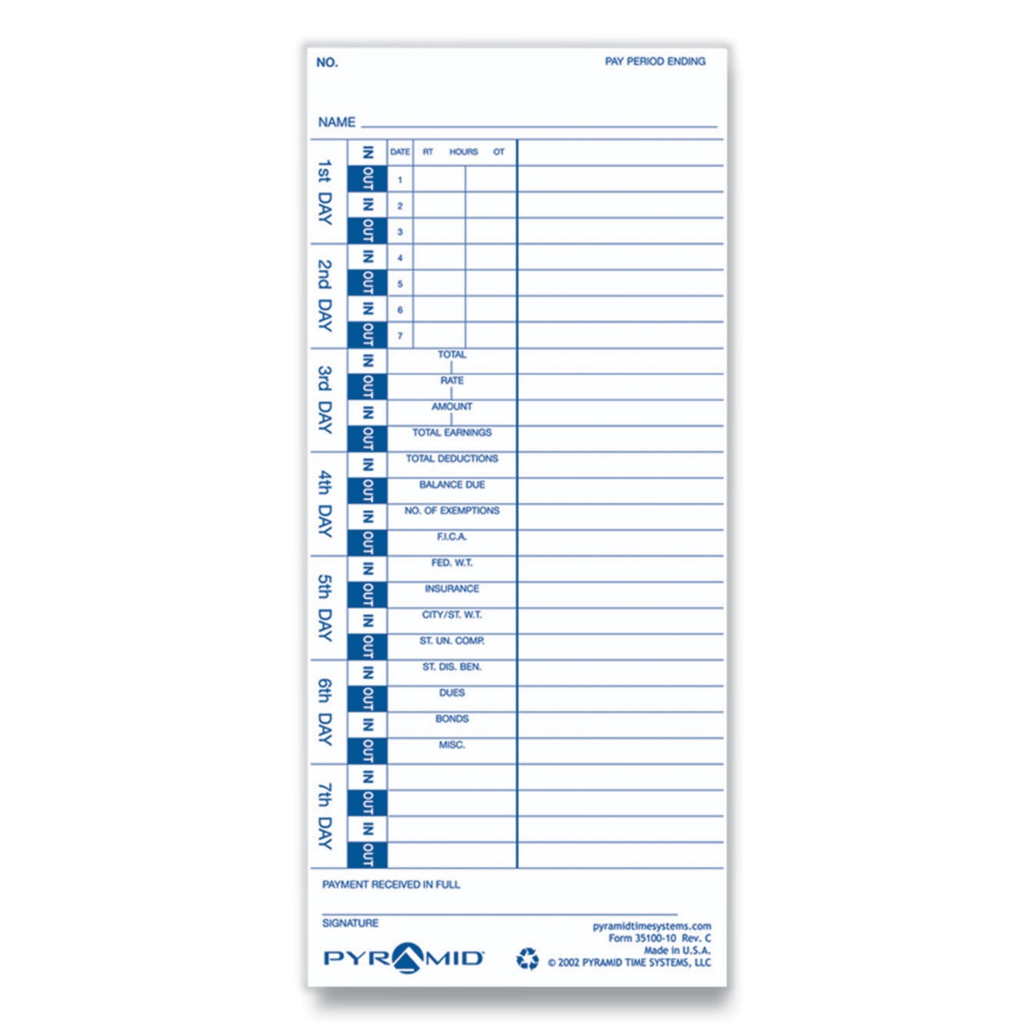 Time Clock Cards For Pyramid Technologies 3000, One Side, 4 X 9, 100/pack