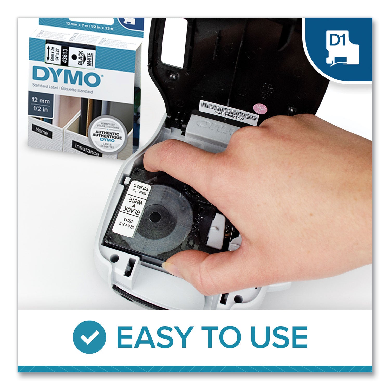 D1 High-Performance Polyester Removable Label Tape, 0.37" X 23 Ft, Black On Clear
