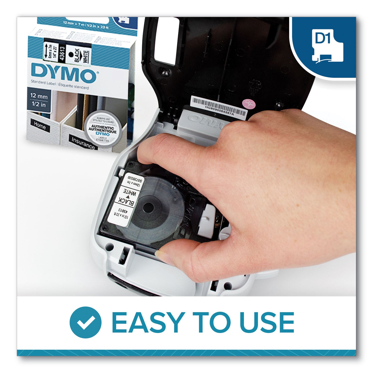 Dymo D1 Electronic Tape Cartridge, 1/2" x 23 ft, Removable Adhesive, White with Black Text, Easy Peel, Durable, 1 Each