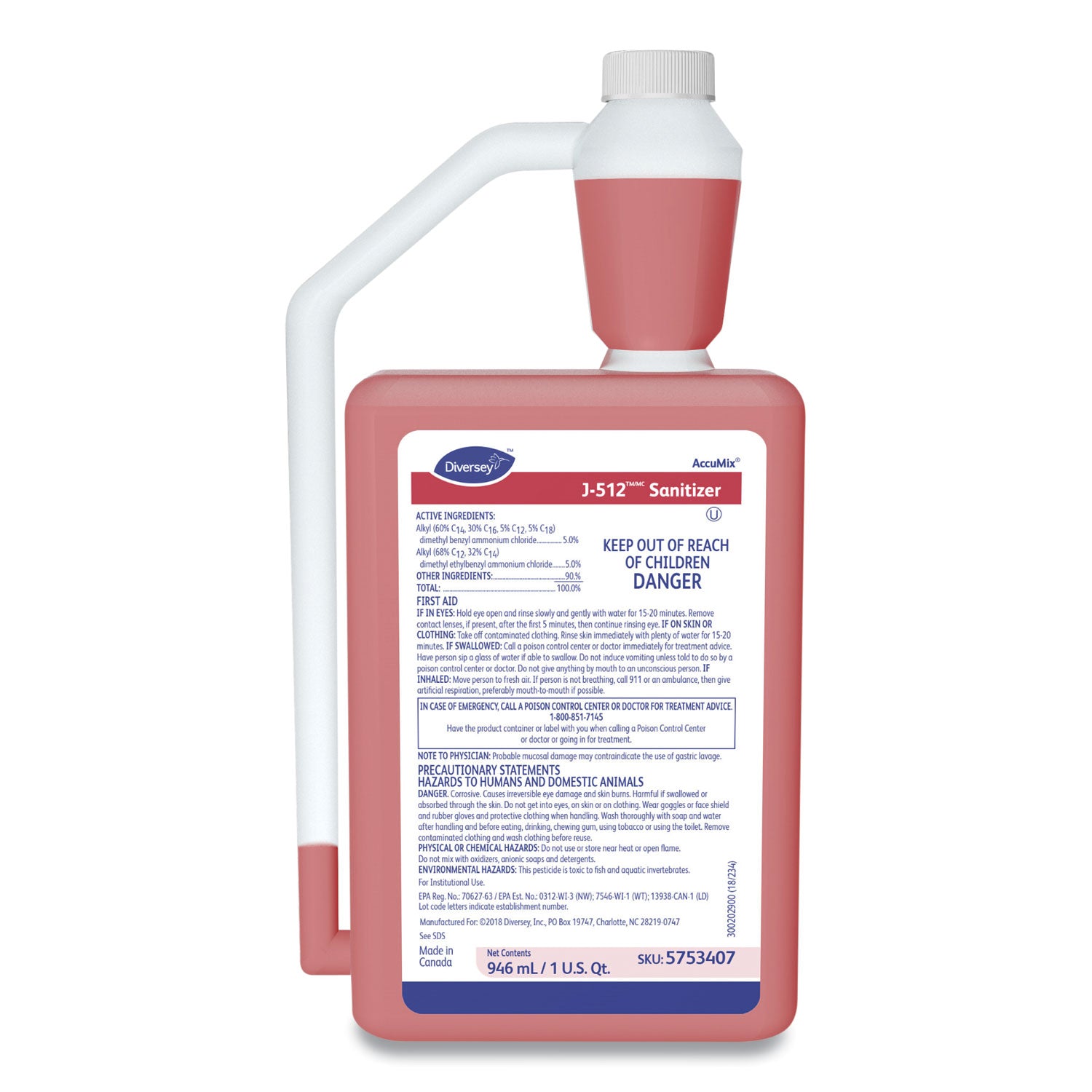 Diversey J-512 Sanitizer, Concentrate, Liquid, 32 fl oz (1 quart), Quaternary Scent, 7.9 pH, Red, No-rinse, Kosher, 6 per Carton