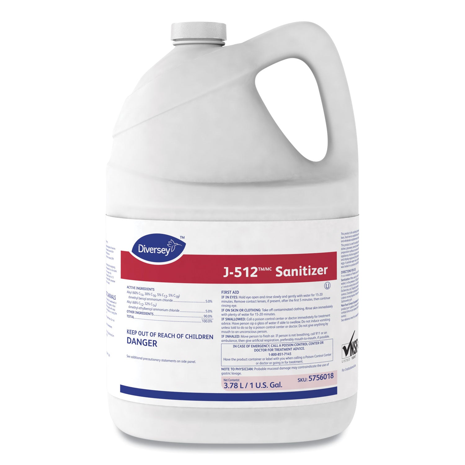 Diversey J-512 Sanitizer, Concentrate Liquid, Quaternary Scent, 128 fl oz (4 quart) Bottles, Red, 4/Carton, Kosher, Rinse-Free, pH 7.9