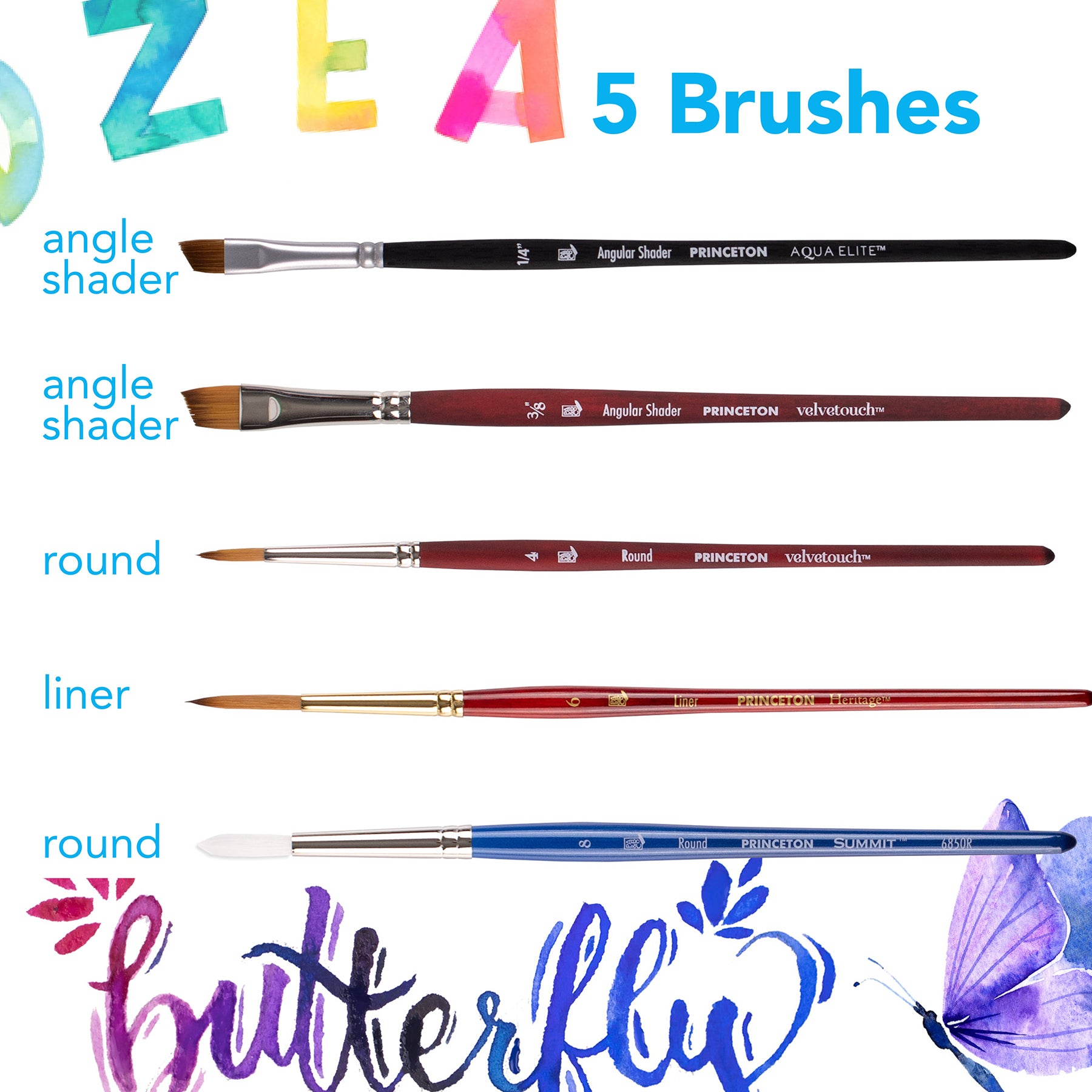 Lettering Brush Set, Synthetic Bristles, Short Handle Mixed Media Paintbrush, Assorted, 5 Pieces