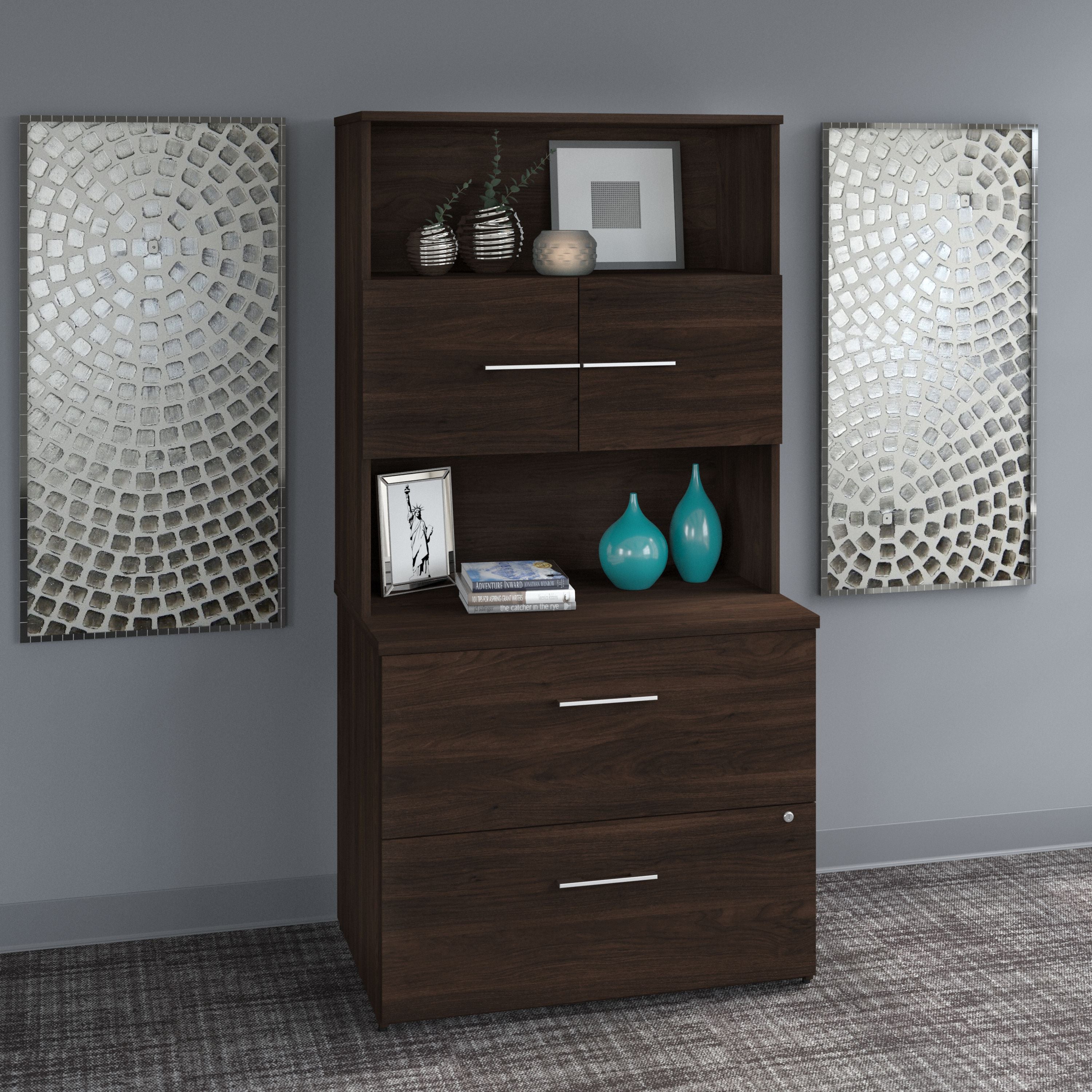 Bush Business Furniture Office 500 36W 2 Drawer Lateral File Cabinet with Hutch in Black Walnut - 35.67" Width x 23.35" Depth x 70.09" Height