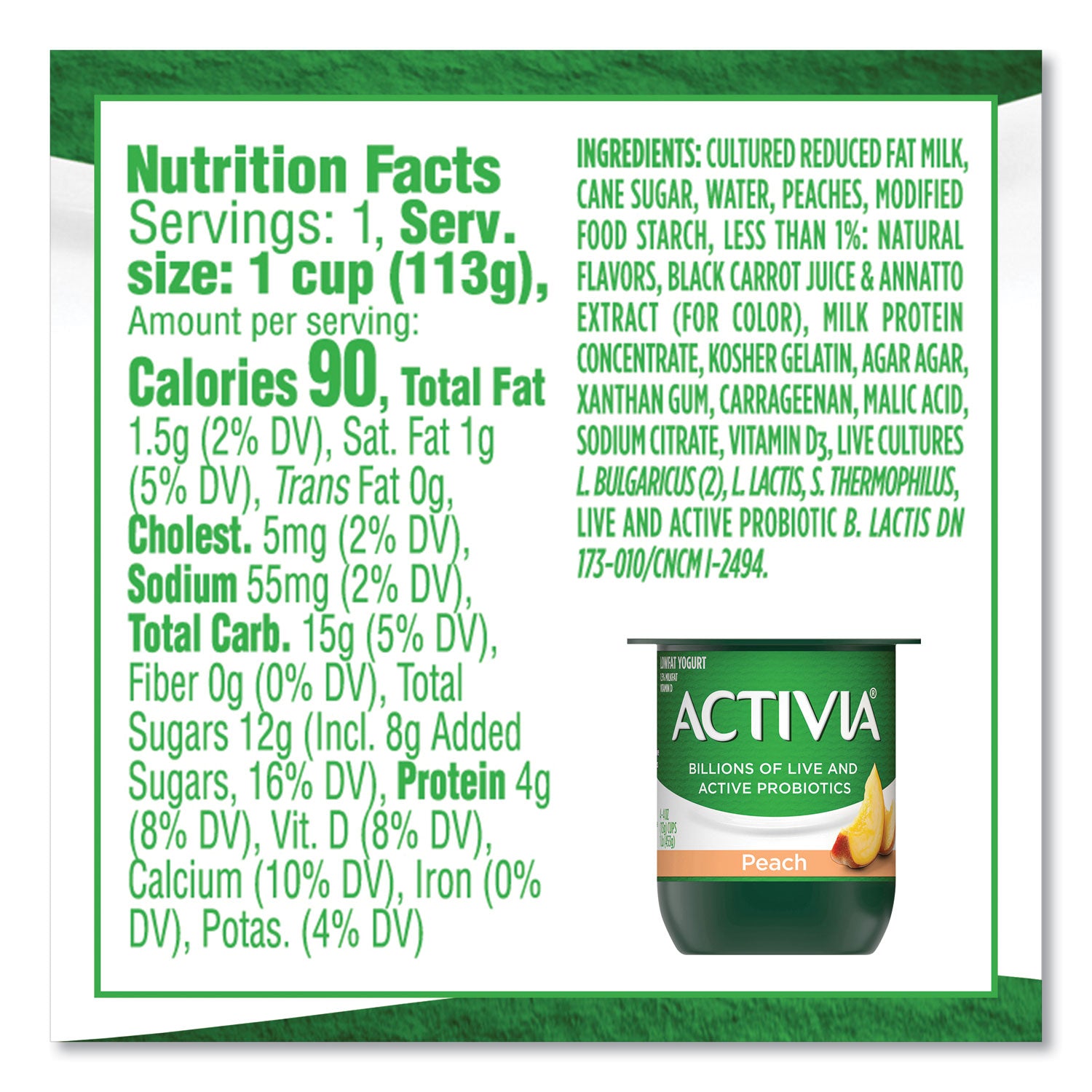 Probiotic Lowfat Yogurt, 4 oz Cups, Black Cherry/Peach/Strawberry, 24/Pack