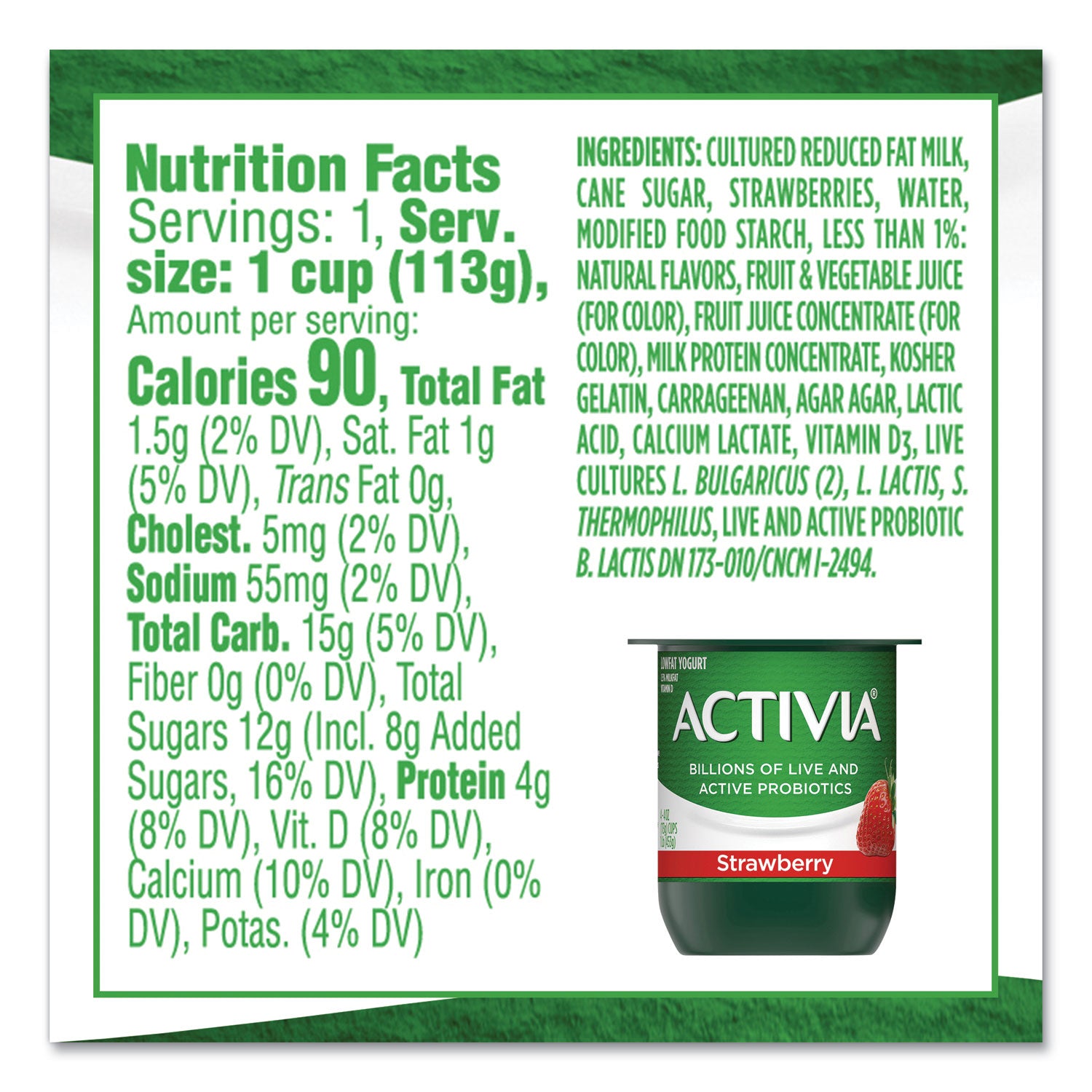Probiotic Lowfat Yogurt, 4 oz Cups, Black Cherry/Peach/Strawberry, 24/Pack