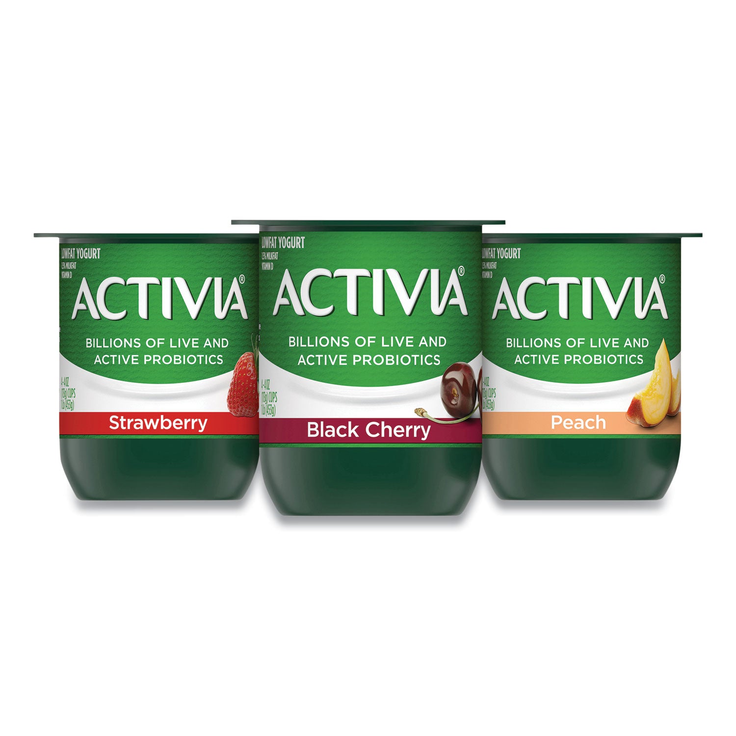 Probiotic Lowfat Yogurt, 4 oz Cups, Black Cherry/Peach/Strawberry, 24/Pack