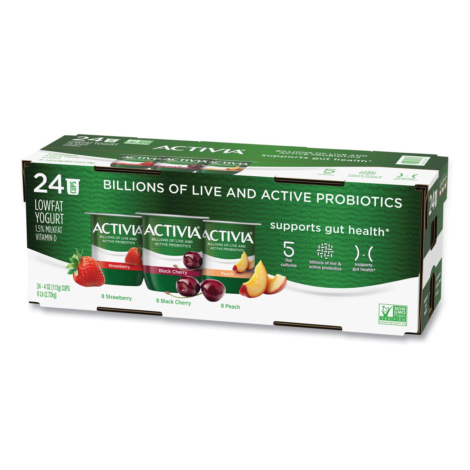 Probiotic Lowfat Yogurt, 4 oz Cups, Black Cherry/Peach/Strawberry, 24/Pack