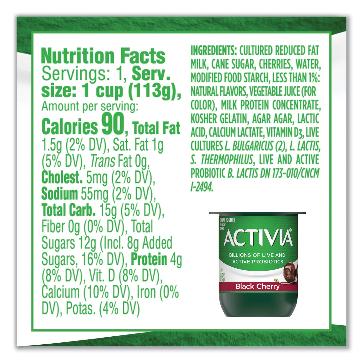 Probiotic Lowfat Yogurt, 4 oz Cups, Black Cherry/Peach/Strawberry, 24/Pack