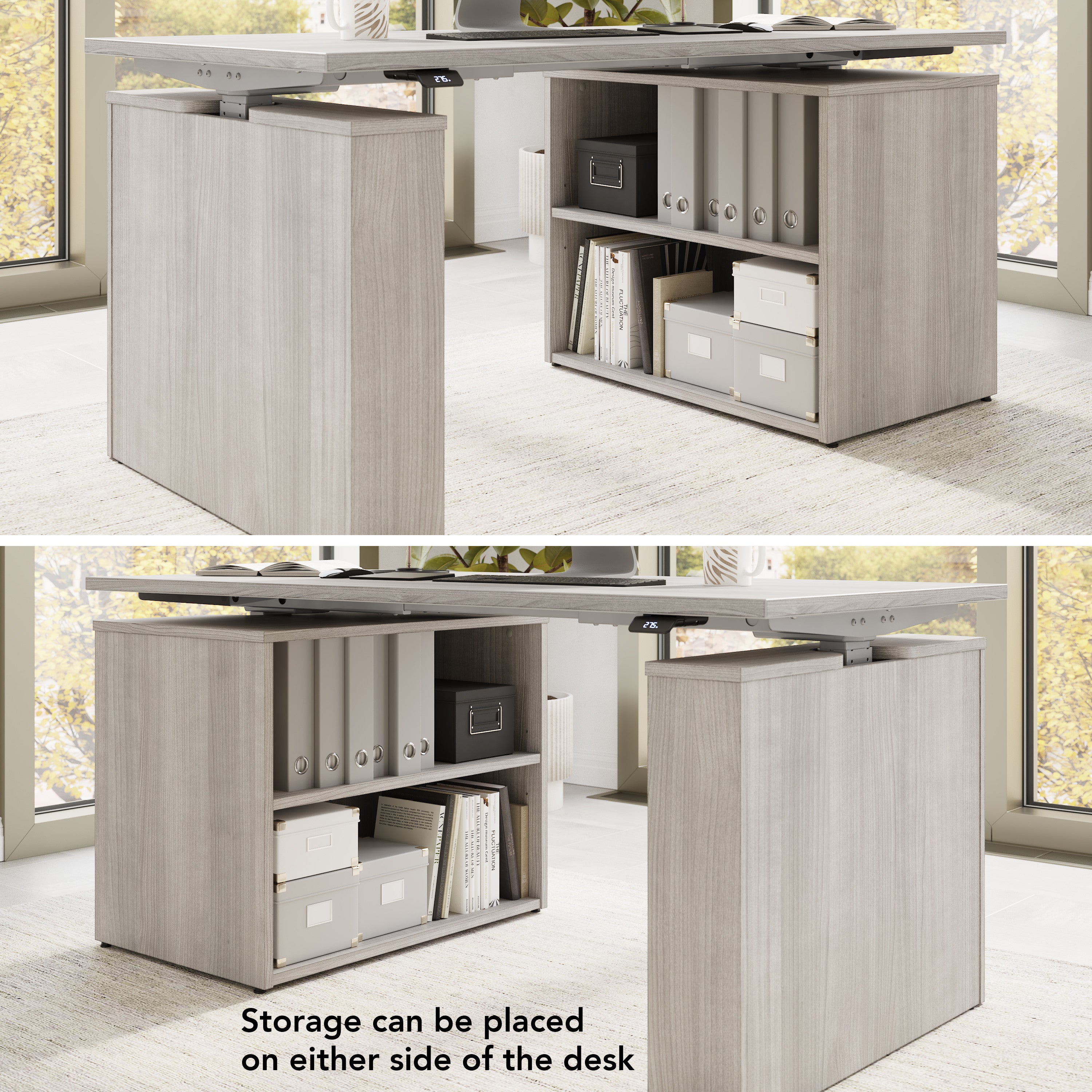 Bush Business Furniture Stratus&nbsp;60W x&nbsp;30D Electric Height Adjustable Standing Desk with Bookcase in Platinum Gray with Metallic Gray Base - 59.45" Width x 29.37" Depth x 27.44" Height