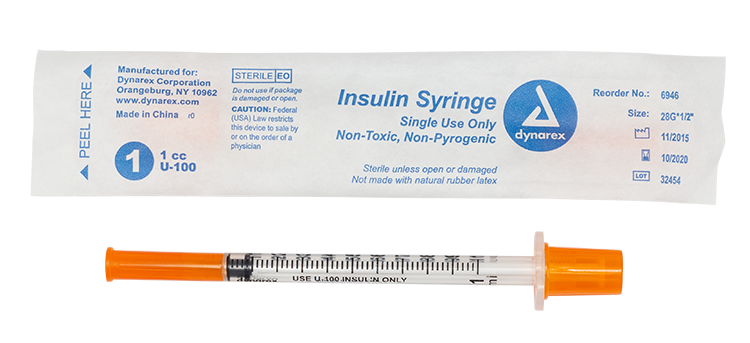 Insulin Syringe - Non-Toxic - Individual Wrapped, 28G, 1/2" Needle, 1 cc - 100 per box / 5 boxes per case