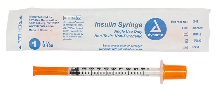 Insulin Syringe - Non-Toxic - Individual Wrapped, 31G, 5/16" Needle, 1 cc - 100 per box / 5 boxes per case
