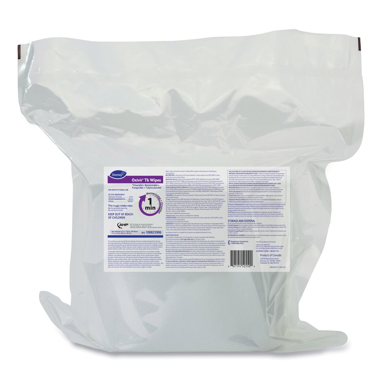 Diversey Oxivir Tb Wipes - For Nonporous Surface - Ready-To-Use - Surfactant Scent - 12" Length x 11" Width - VOC-free, Fragrance-free, NPE-free, Non-irritating, Color-free - White - 160/Bag - 4 / Carton