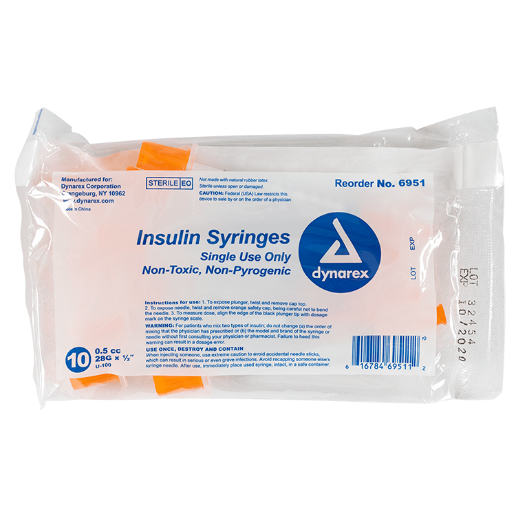Insulin Syringe - Non-Toxic, Multi-Pack, 0.5 cc, 28G Needle Gauge, 1/2" Needle - 100 pcs per Box, 5 Boxes per Case