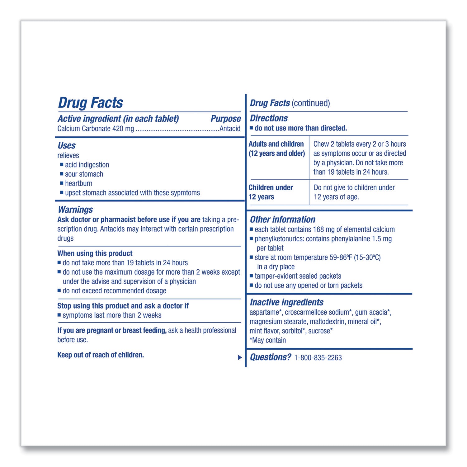 Over the Counter Antacid Medications for First Aid Cabinet, 2 Tablets/Packet, 125 Packets/Box