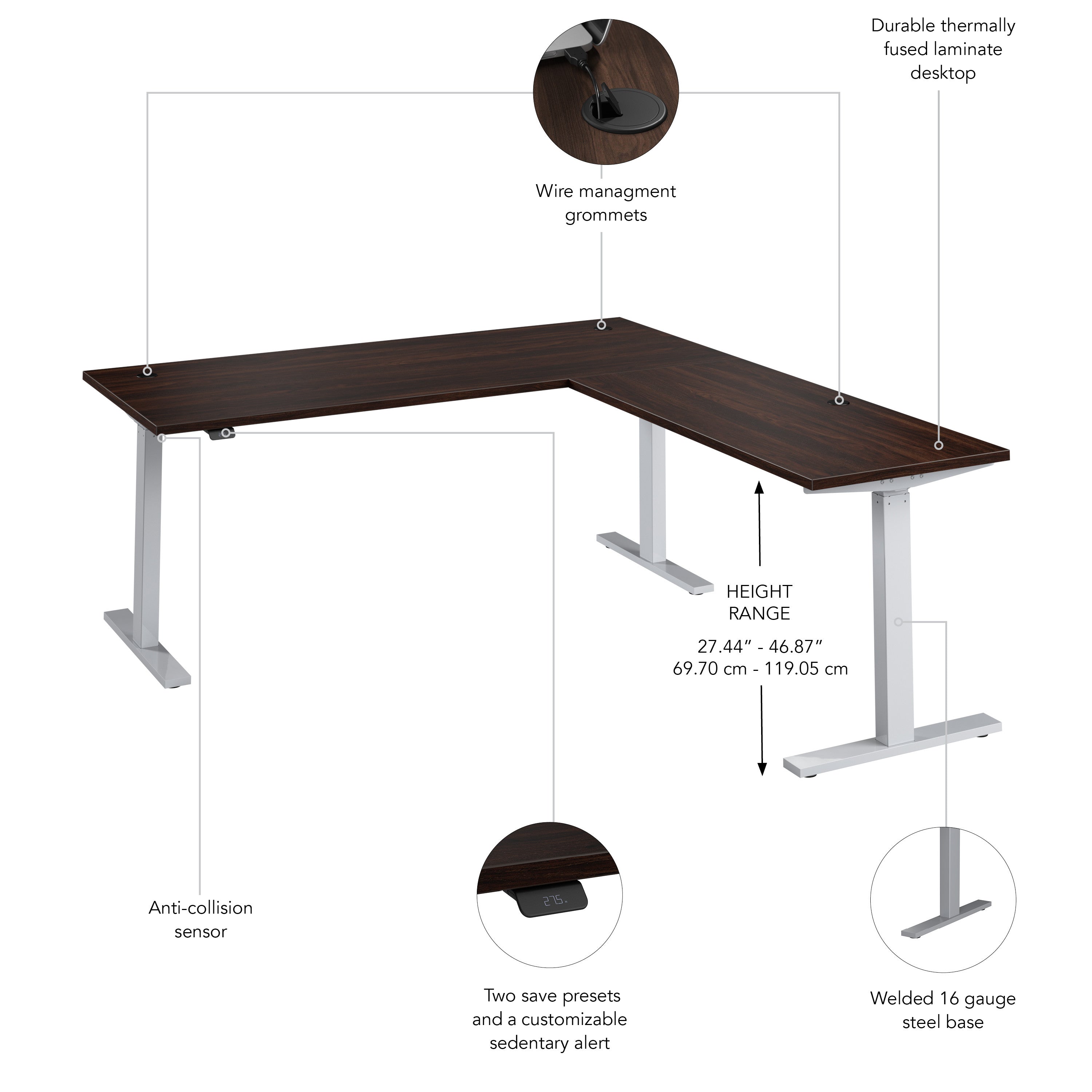 Bush Business Furniture Move 60 Series 72W Height Adjustable L Shaped Standing Desk in Black Walnut with Metallic Gray Base - 71.02" Width x 76.97" Depth x 27.44" Height