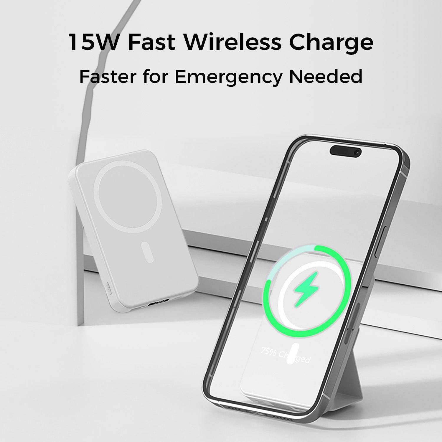 10,000mAh Magnetic Wireless Charge Power Bank with Foldable Stand, White