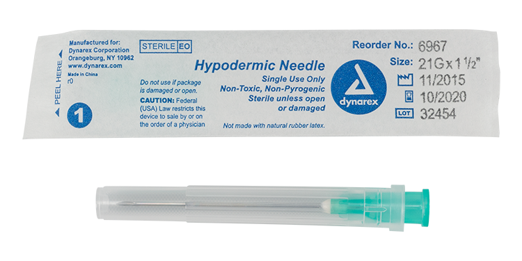 Hypodermic Needle - Non-Toxic, 21G Needle Gauge, 1/2" Needle - 100 pcs per Box, 10 Boxes per Case