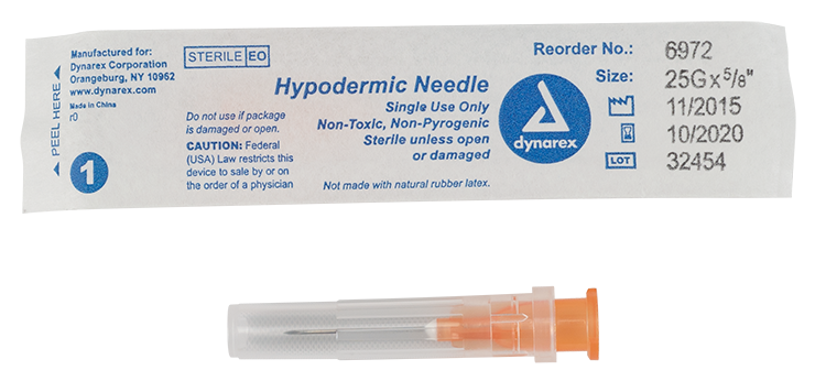 Hypodermic Needle - Non-Toxic, 25G Needle Gauge, 5/8" Needle - 100 pcs per Box, 10 Boxes per Case