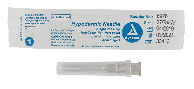 Hypodermic Needle - Non-Toxic, 27G Needle Gauge, 1/2" Needle - 100 pcs per Box, 10 Boxes per Case