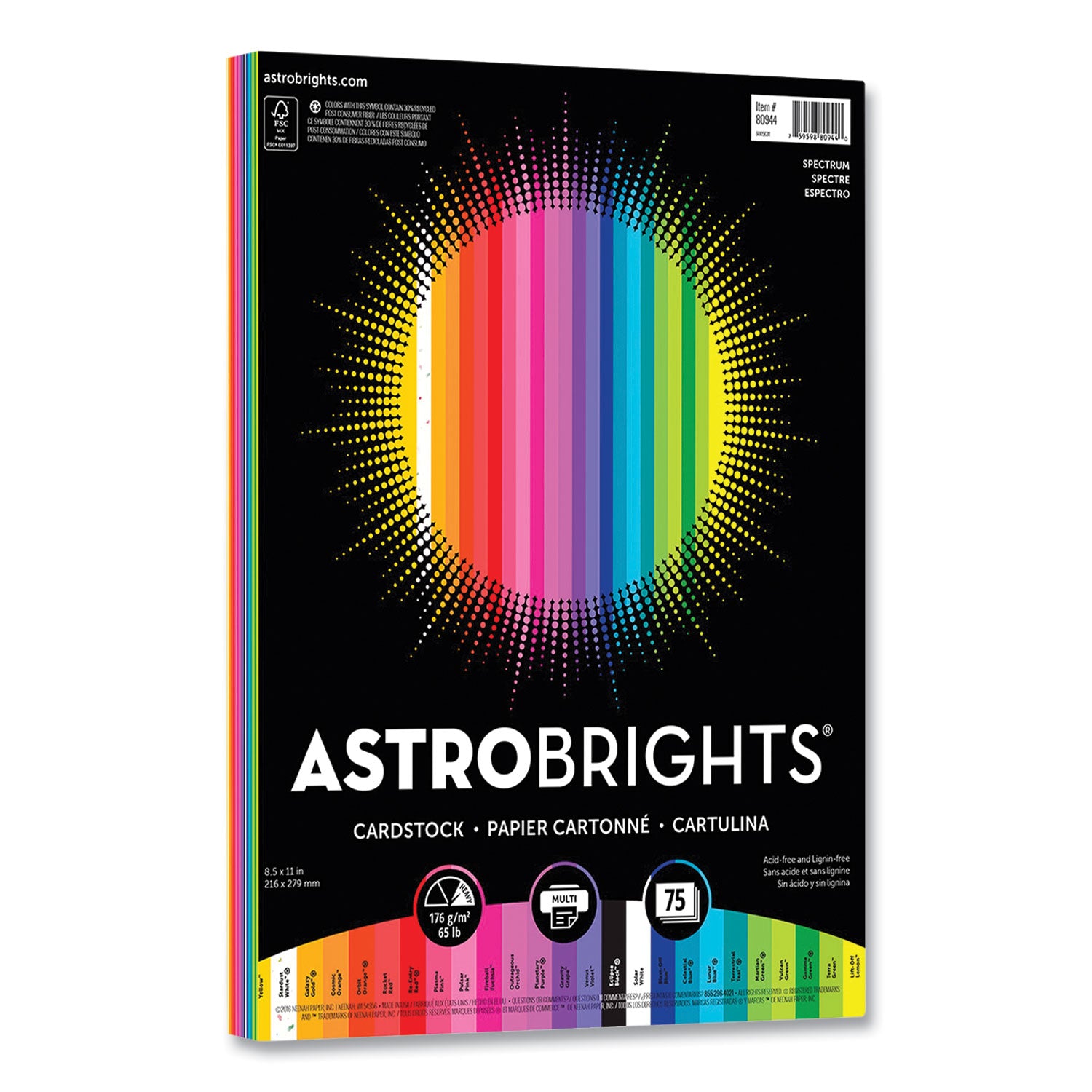 Color Cardstock, 65 lb Cover Weight, 8.5 x 11, Assorted Spectrum Colors, 75/Pack