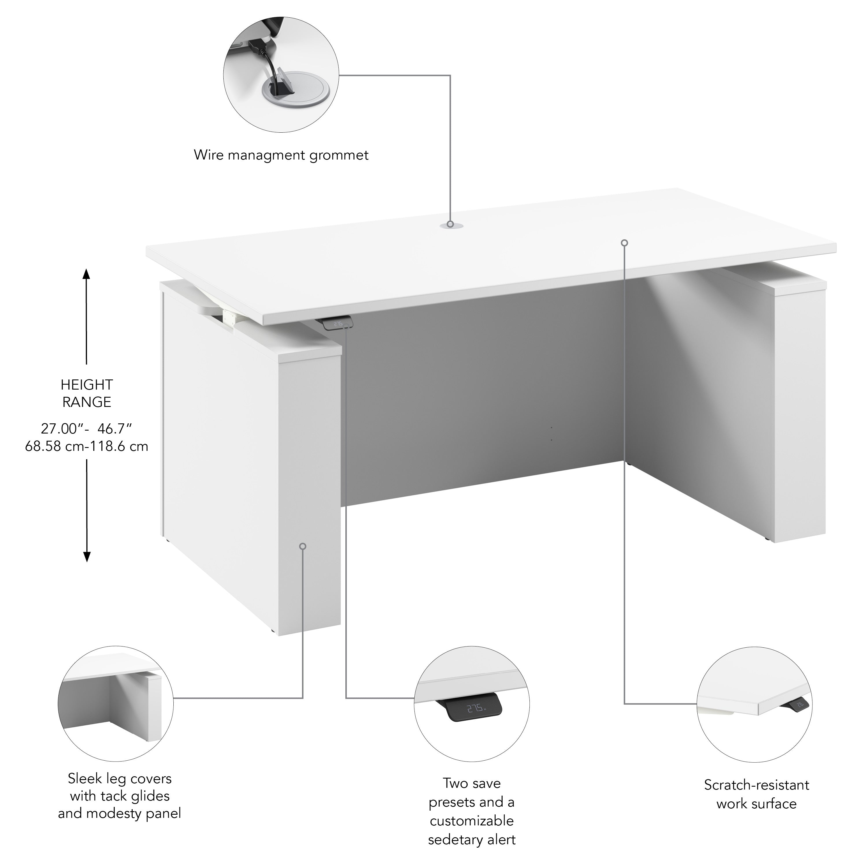 Bush Business Furniture Stratus&nbsp;60W x&nbsp;30D Electric Height Adjustable Standing Desk with Modesty Panel in White with White Base - 59.45" Width x 29.37" Depth x 27.44" Height
