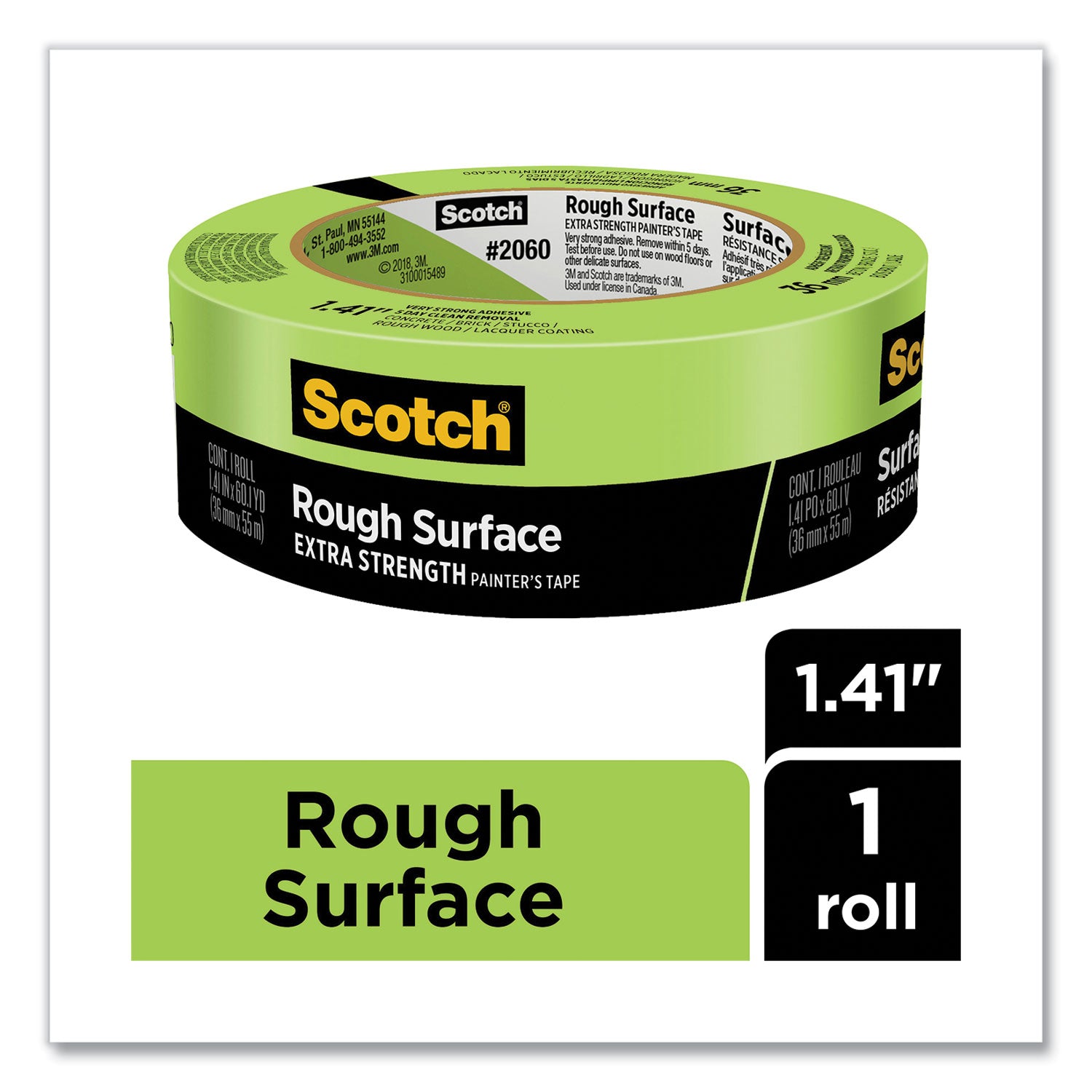 60.10 yd Length x 1.41" Width - Green - Damage Resistant - For Rough Surface, Brick, Concrete, Stucco, Painting, Holding, Industrial, Carpet, Unfinished Wood, Vinyl - 1 Roll