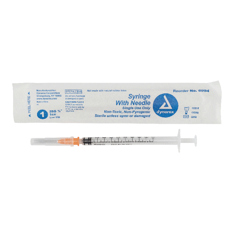 Syringe - Non-Safety with Needle - Luer slip, 1 cc, 25G Needle Gauge, 5/8" Needle - 100 pcs per Box, 8 Boxes per Case