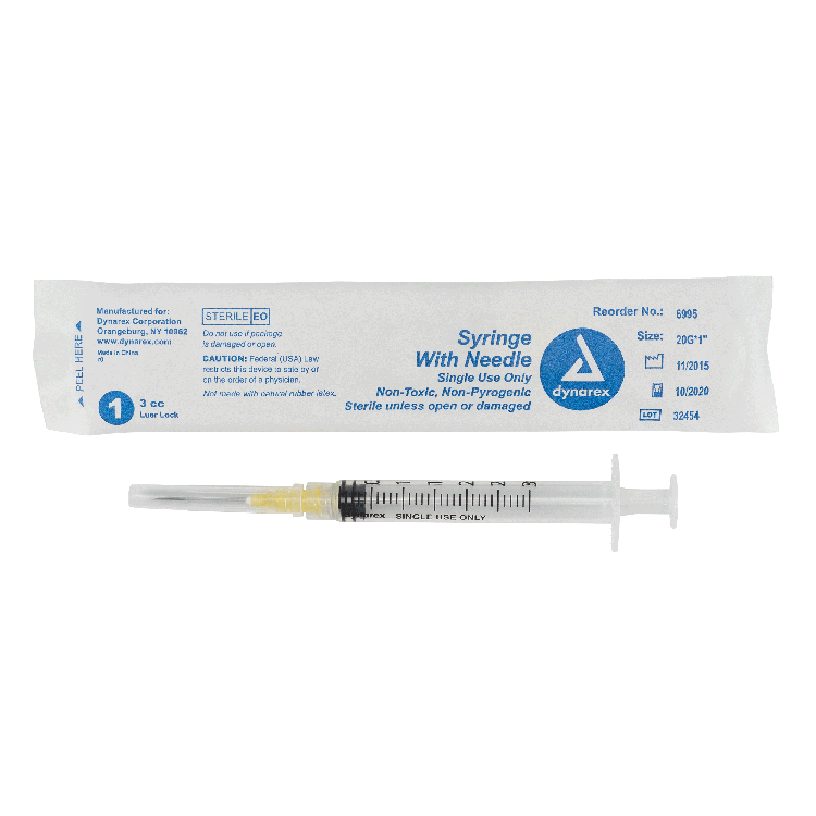 Syringe - Non-Safety with Needle - Luer Lock, 3 cc, 20G Needle Gauge, 1" Needle - 100 pcs per Box, 8 Boxes per Case