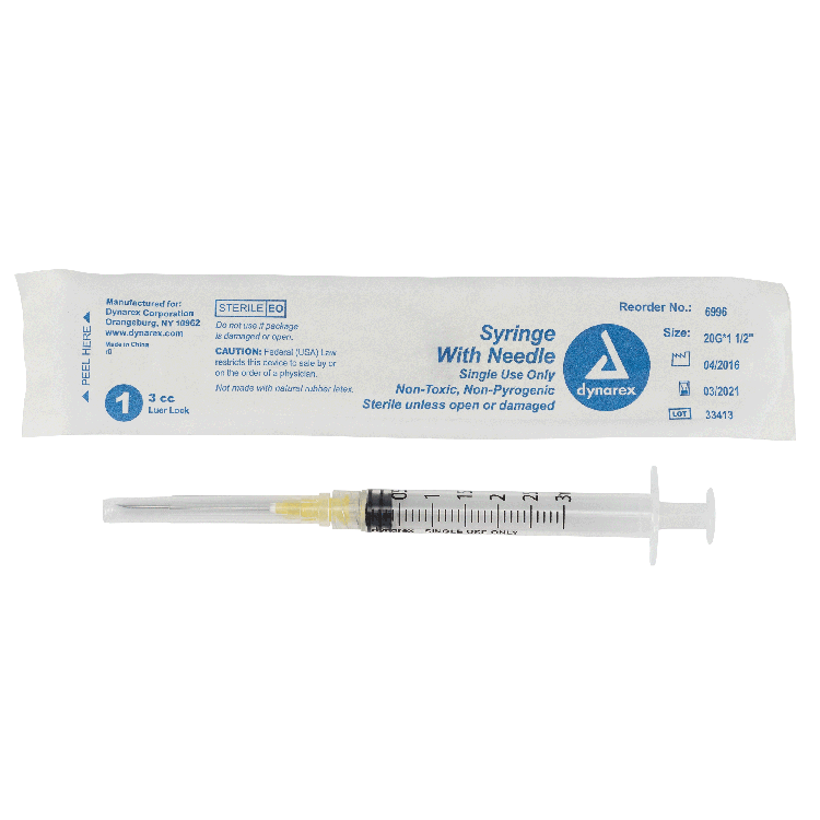 Syringe - Non-Safety with Needle - Luer Lock, 3 cc, 20G Needle Gauge, 1 1/2" Needle - 100 pcs per Box, 8 Boxes per Case