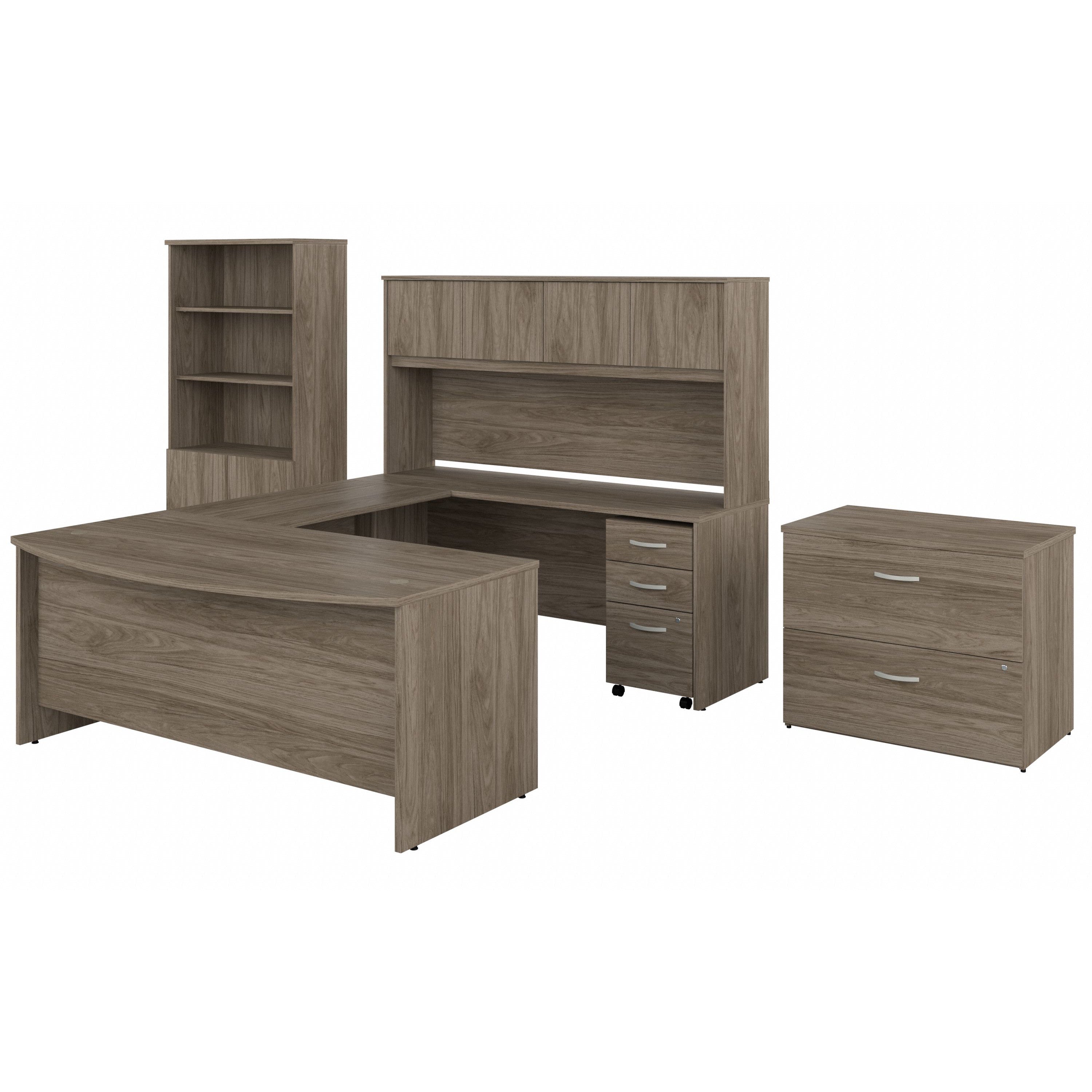 Bush Business Furniture Studio C 72W x 36D U Shaped Desk with Hutch, Bookcase and File Cabinets in Modern Hickory - 71.02" Width x 100.43" Depth x 72.8" Height