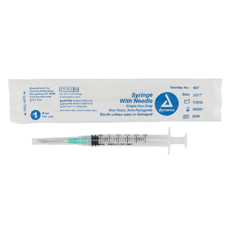 Syringe - Non-Safety with Needle - Luer Lock, 3 cc, 21G Needle Gauge, 1" Needle - 100 pcs per Box, 8 Boxes per Case