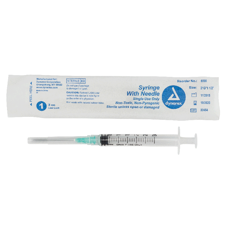 Syringe - Non-Safety with Needle - Luer Lock, 3 cc, 21G Needle Gauge, 1 1/2" Needle - 100 pcs per Box, 8 Boxes per Case