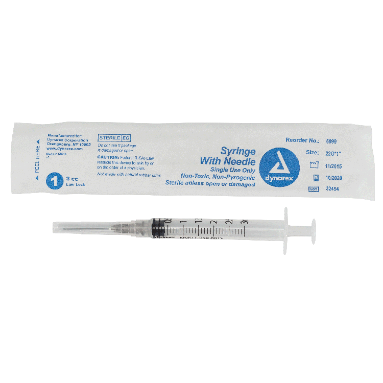 Syringe - Non-Safety with Needle - Luer Lock, 3 cc, 22G Needle Gauge, 1" Needle - 100 pcs per Box, 8 Boxes per Case