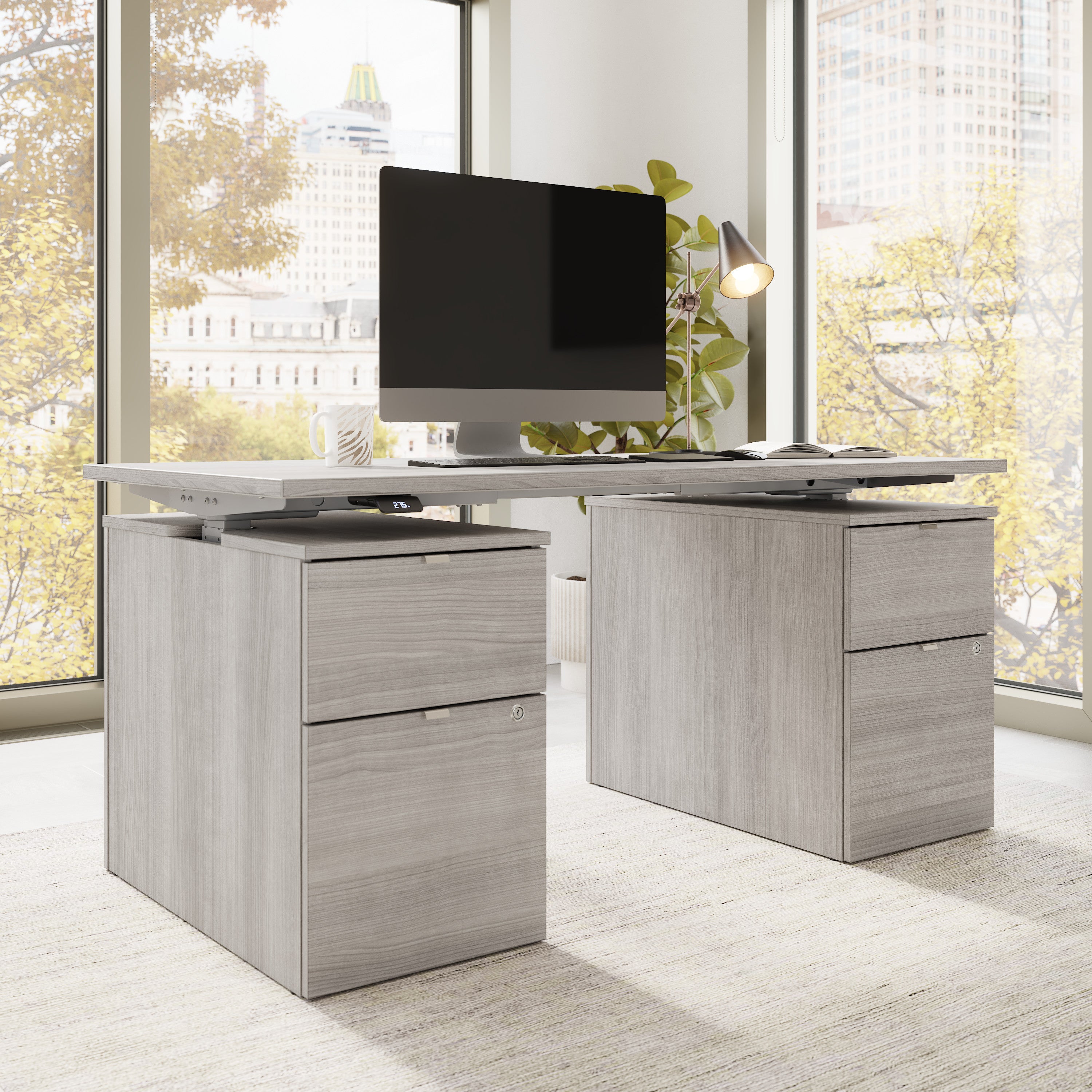 Bush Business Furniture Stratus&nbsp;60W x&nbsp;30D Electric Height Adjustable Standing Desk with Drawers in Platinum Gray with Metallic Gray Base - 59.45" Width x 29.37" Depth x 27.44" Height