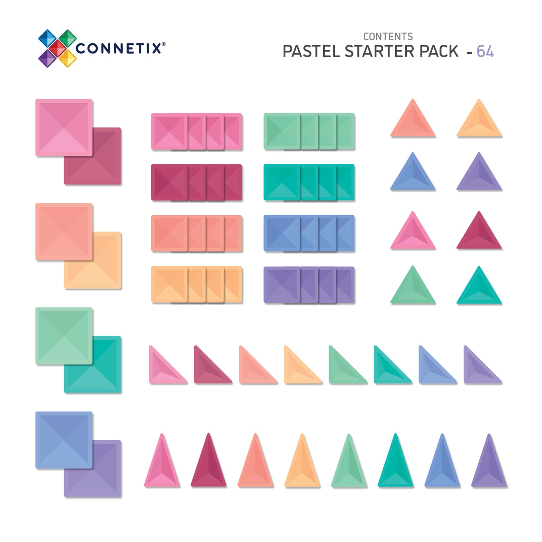 Magnetic Tiles Pastel Starter Pack, 64 Pieces