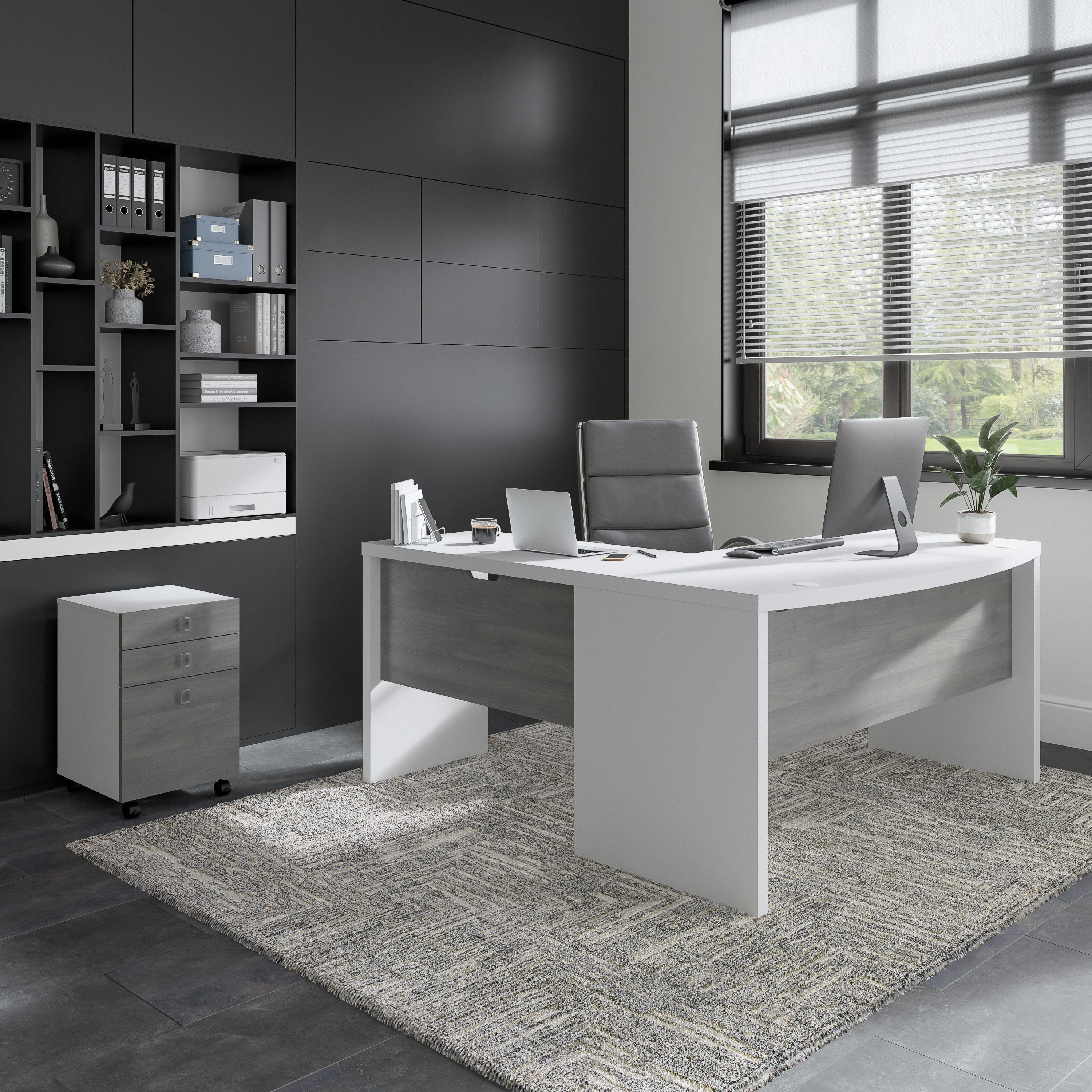 Bush Business Furniture Echo L Shaped Bow Front Desk with Mobile File Cabinet in Pure White and Modern Gray - 60" Width x 64.02" Depth x 30" Height