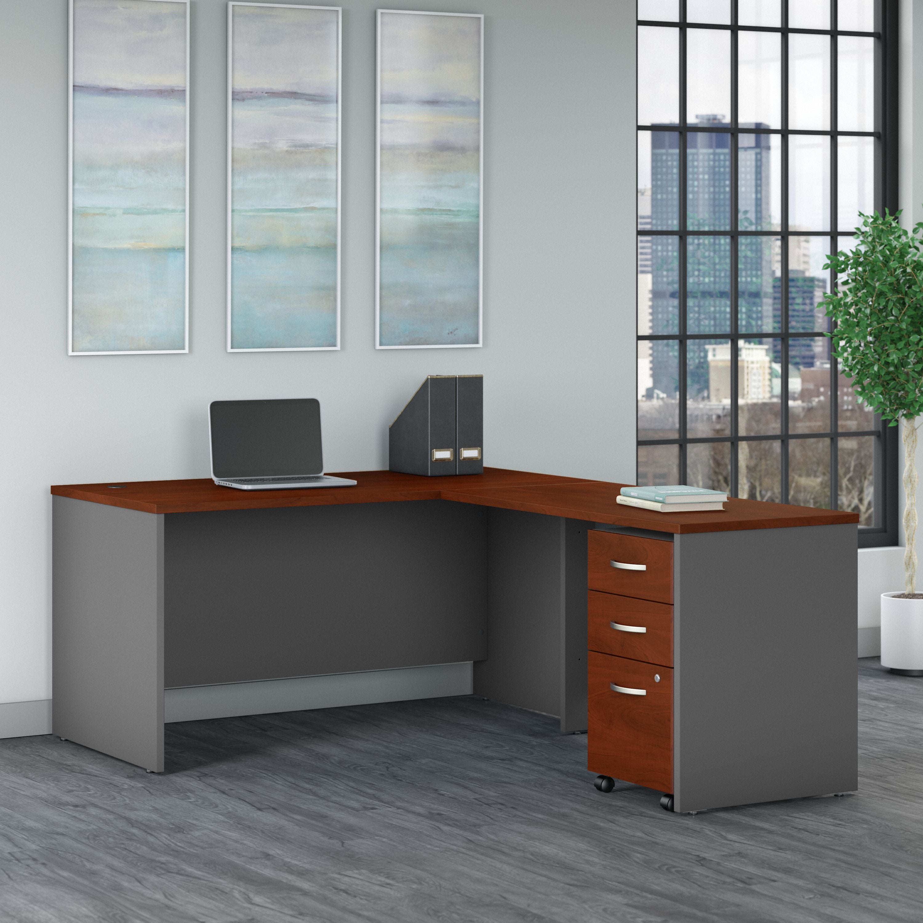 Bush Business Furniture Series C 60W L Shaped Desk with 3 Drawer Mobile File Cabinet in Hansen Cherry - 59.45" Width x 77.05" Depth x 29.84" Height