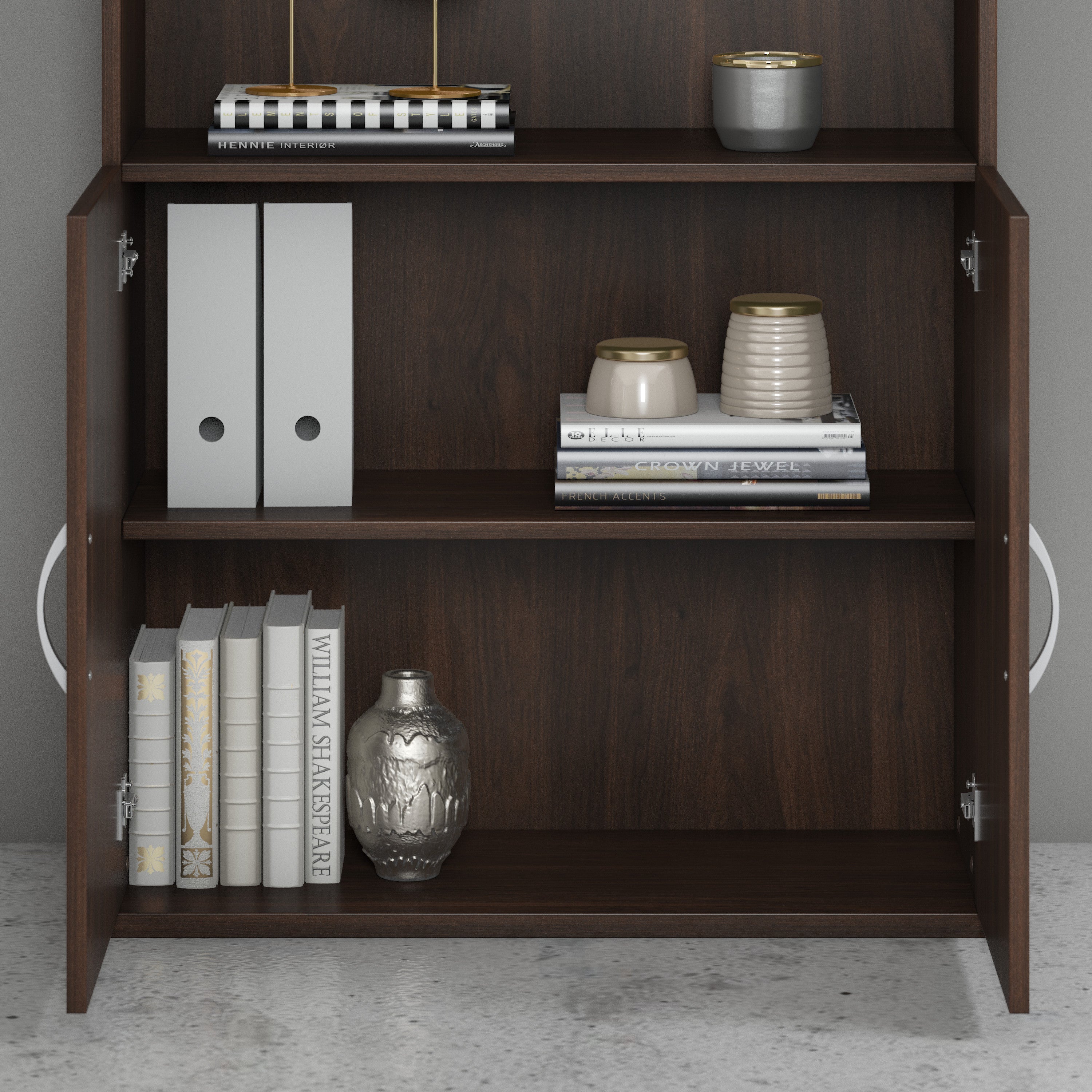 Bush Business Furniture Studio C Tall 5 Shelf Bookcase with Doors in Black Walnut - 35.71" Width x 15.43" Depth x 72.8" Height