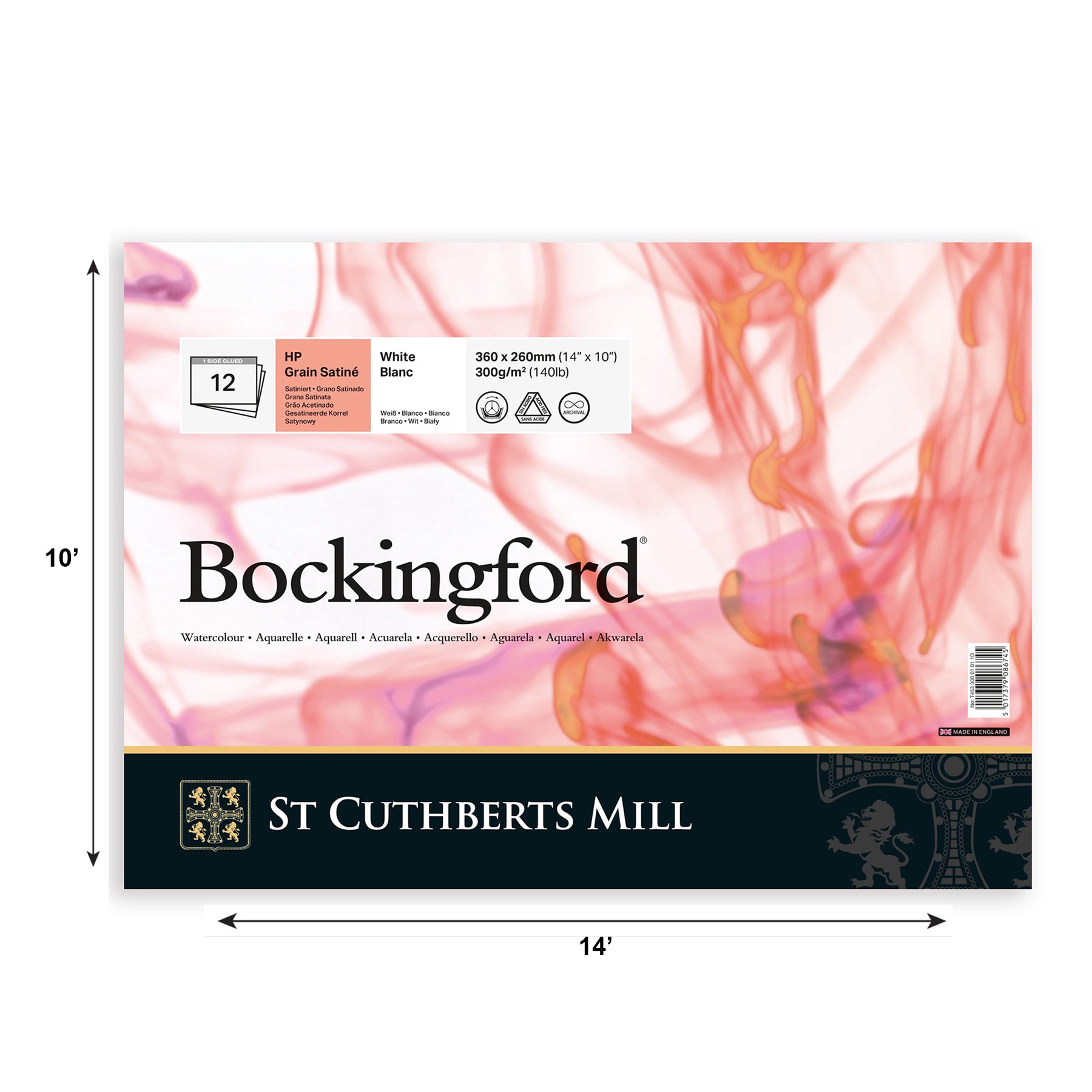 Bockingford Watercolor Pad, Hot Pressed, White, Glue Binding, 140lb/300gsm, 12 Sheet, 10x14 inch, 1 Count