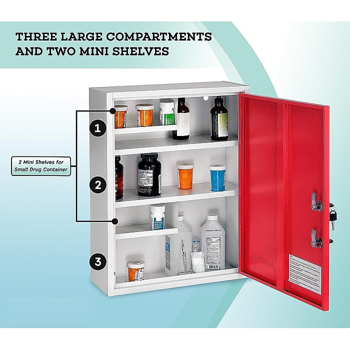 21 in. H x 16 in. W x 6 in. D Large Dual Lock Surface-Mount Medical Security Cabinet in Red