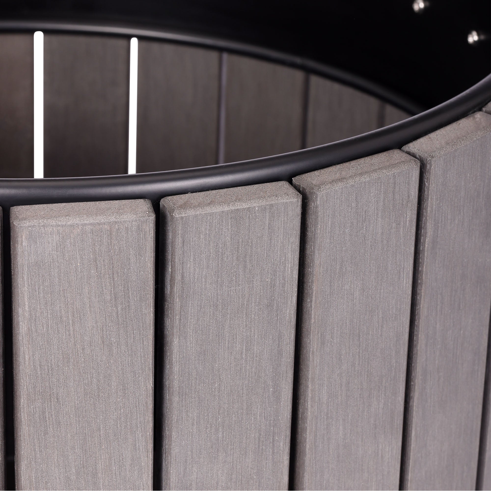 Round, 32-Gallon Outdoor Trash Container with Slatted Recycled Plastic Panels - Grey