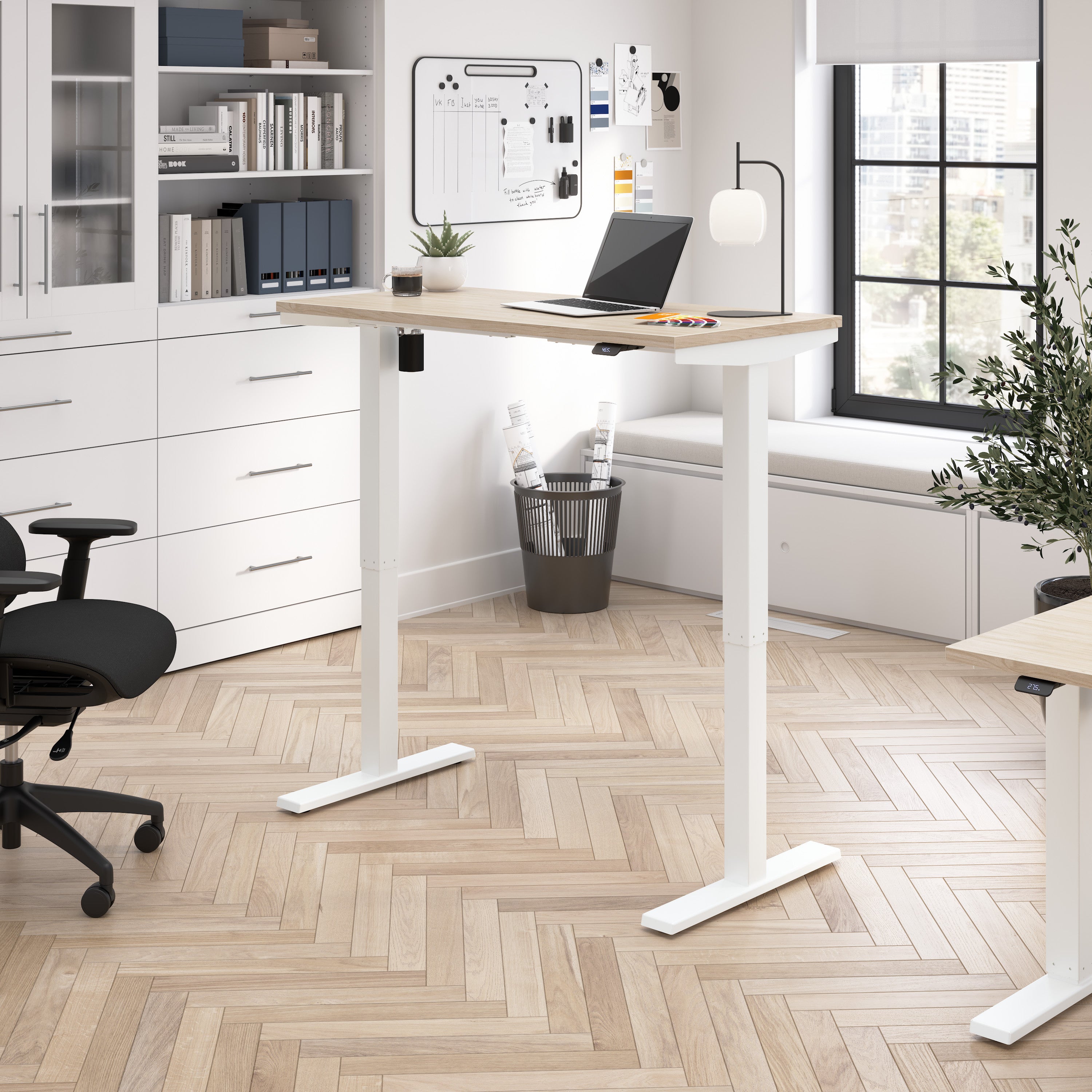 Bush Business Furniture Move 40 Series 48W x 24D Electric Height Adjustable Standing Desk in Natural Elm with White Base - 47.6" Width x 23.35" Depth x 28.17" Height